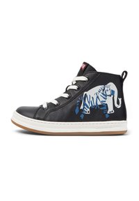 Sorte lær høy-topp sneakers med hvite lisser og såle, med et blått og hvitt stilisert elefantgrafikk på siden.