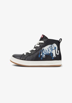 Black leather high-top sneaker with white laces and sole, featuring a blue and white stylized elephant graphic on the side.