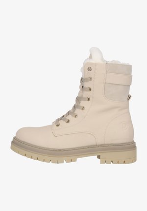 Stivale alla caviglia beige con lacci, realizzato in pelle liscia con un colletto foderato in pelliccia, dotato di accessori in metallo dorato e una suola robusta e strutturata.