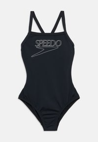 Μαύρο ολόσωμο μαγιό με λεπτούς ρυθμιζόμενους ιμάντες, με λευκό λογότυπο "SPEEDO" και λείο, ελαστικό ύφασμα.