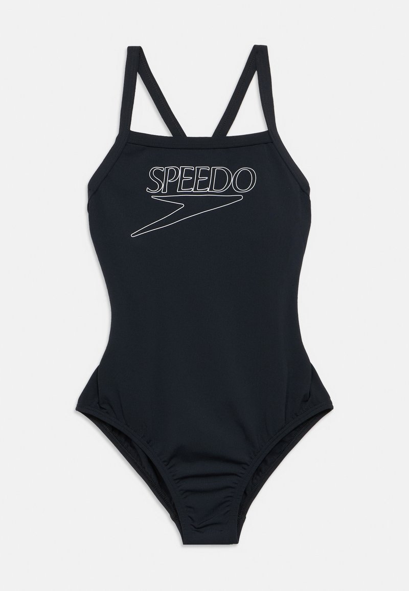 Μαύρο ολόσωμο μαγιό με λεπτούς ρυθμιζόμενους ιμάντες, με λευκό λογότυπο "SPEEDO" και λείο, ελαστικό ύφασμα.