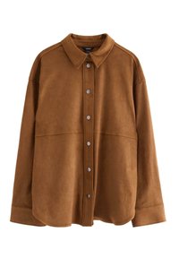 Camicia di tessuto marrone e morbido con colletto, maniche lunghe e chiusura a bottoni con bottoni in metallo arrotondati.