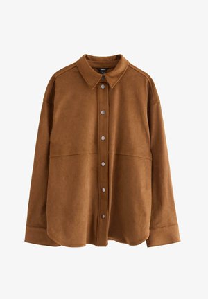 Brun, mjuk tygskjorta med krage, långa ärmar och knäppning framtill med rundade metalldekorerade knappar.