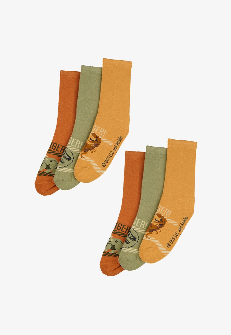 Set di sei calzini in arancione, verde e giallo. Presenta dinosauri dei cartoni animati e il testo "Pericolo!". Realizzati in morbido e elastico misto cotone.