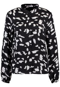 Chemise noire à manches longues, avec un motif abstrait de coups de pinceau blancs et un col classique. Fabriquée en tissu léger.