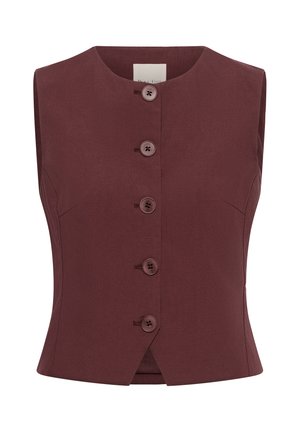 Gilet bordeaux sans manches avec encolure ronde et cinq boutons assortis sur le devant, coupe ajustée avec coutures latérales.