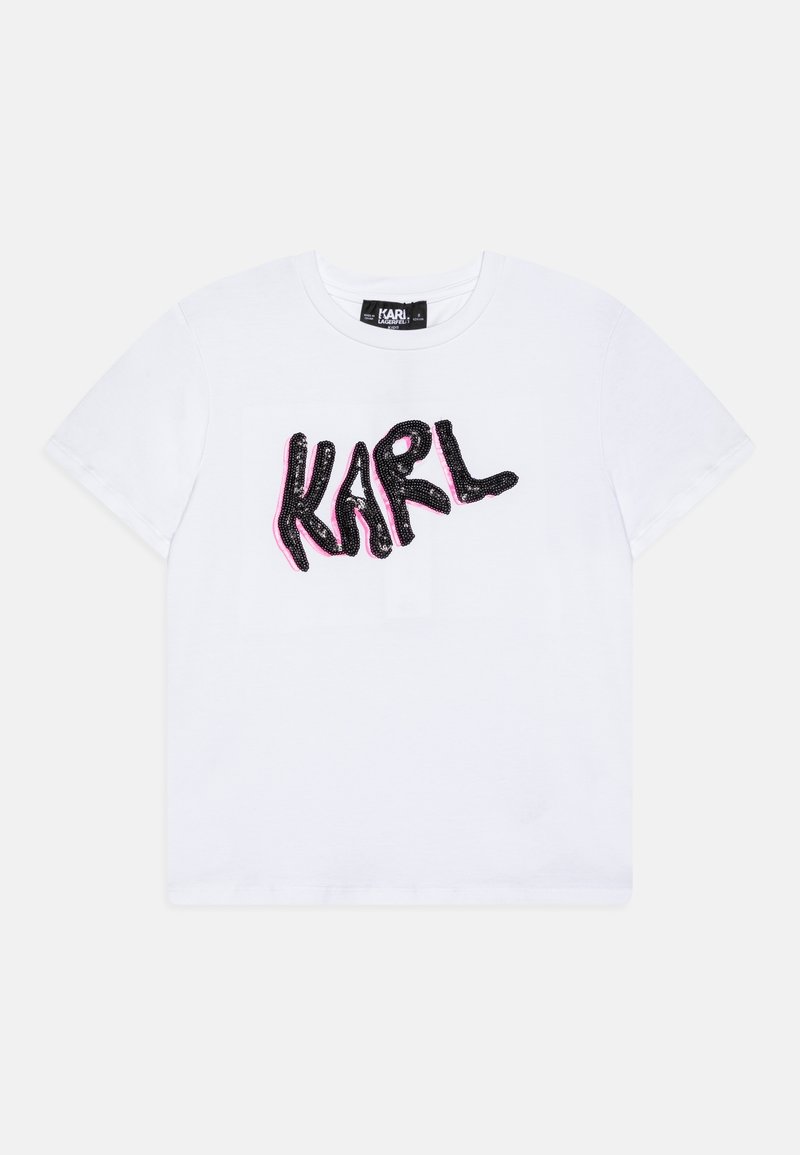 T-shirt bianca a maniche corte con lettering audace "KARL" in contorno nero e rosa sul petto e scollatura rotonda.
