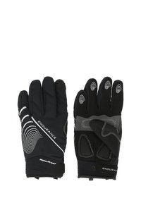 Svarta vattentåliga handskar med texturerat grepp, elastiskt handledsband och reflexmönster. Anatomisk passform med förstärkta fingertoppar och justerbart band.