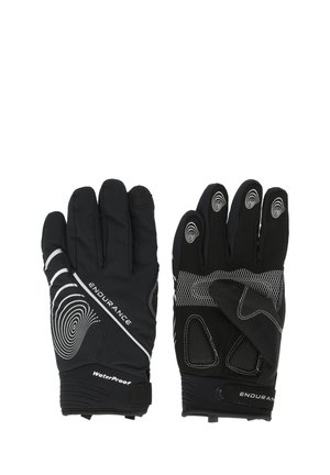 Svarta vattentåliga handskar med texturerat grepp, elastiskt handledsband och reflexmönster. Anatomisk passform med förstärkta fingertoppar och justerbart band.