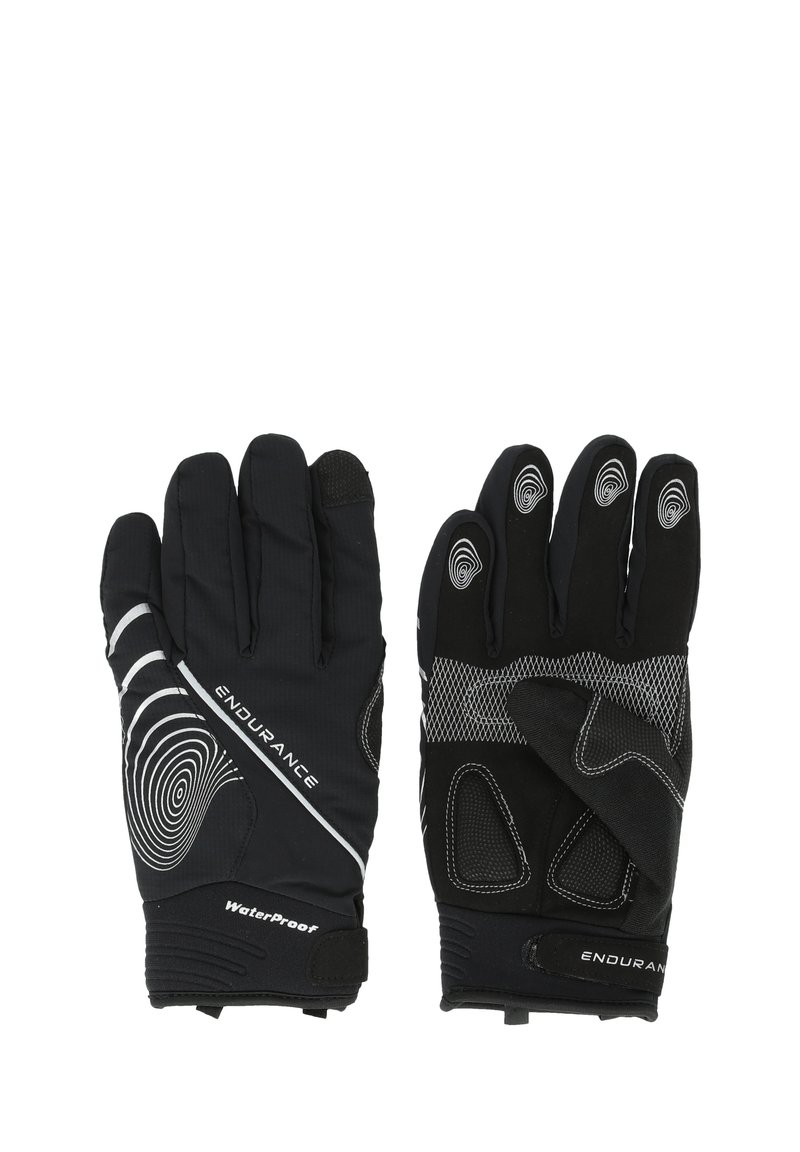 Svarta vattentåliga handskar med texturerat grepp, elastiskt handledsband och reflexmönster. Anatomisk passform med förstärkta fingertoppar och justerbart band.