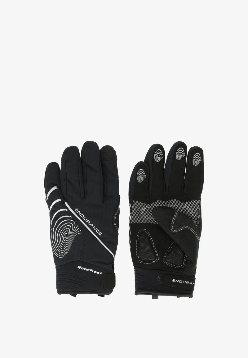 Gants étanches noirs avec surface texturée pour une meilleure adhérence, poignet élastique et motifs réfléchissants. Ajustement anatomique avec bouts renforcés et sangle ajustable.