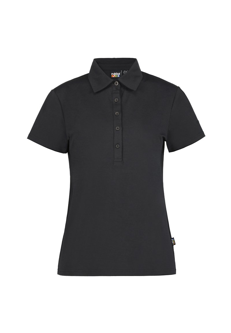 Černá polo košile vyrobená z bavlny, s knoflíkovou légu, krátkými rukávy a klasickým límcem. Hladký povrch s minimalistickým designem.