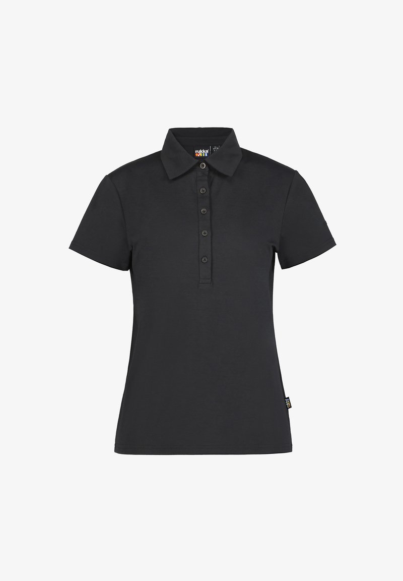 Černá polo košile vyrobená z bavlny, s knoflíkovou légu, krátkými rukávy a klasickým límcem. Hladký povrch s minimalistickým designem.