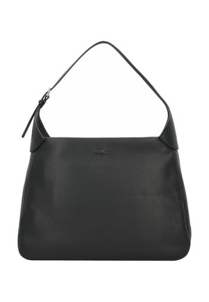 Sac à main en cuir noir avec une texture lisse, une forme semi-structurée et une seule bandoulière ajustable. Présente un logo à l'avant.