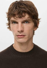 Bruine gebreide trui met geribde hals, gedragen door een persoon met kort, golvend haar en lichtblauwe ogen, tegen een effen witte achtergrond.