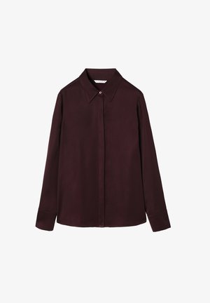 Bordo ilgomis rankovėmis marškiniai su klasikiniu apykakle. Lygi medžiaga, raudoni mygtukų akcentai ir vieno mygtuko rankogaliai. Minimalistinis dizainas.
