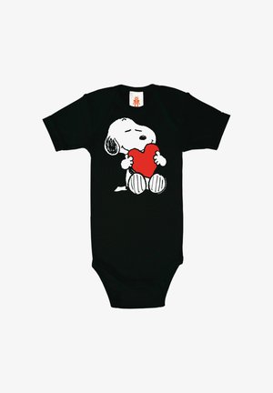 Black baby onesie with Snoopy holding a red heart, eyes closed, sitting peacefully in the center of the clothing.