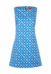 Vestito senza maniche blu con un motivo geometrico a diamante in bianco e arancio, realizzato in un tessuto leggero, con corpetto aderente e gonna svasata.