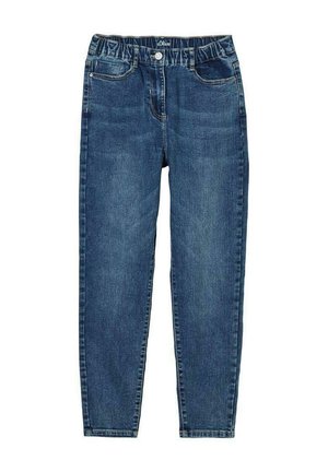 Jeans in denim blu scuro con vestibilità slim, caratterizzati da una vita elasticizzata, cinque tasche e dettagli di cucitura minimali.