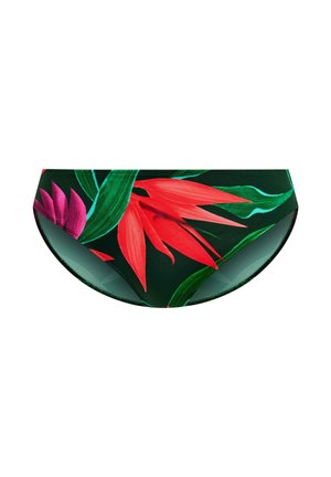 Braguita de bikini verde con patrones florales vibrantes en rojo y rosa, con tejido suave y un diseño de corte clásico.