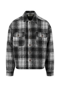 Svart og hvit rutete flanellskjorte med krage, to frontlommer og brune knapper. Myk tekstur og avslappet passform.