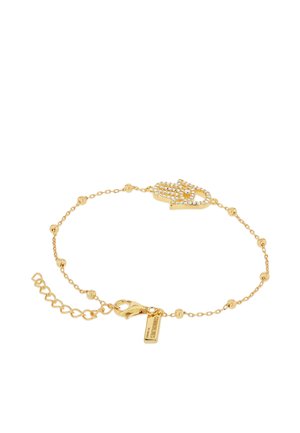 Delikat armbånd i guldkæde med små perler og en Hamsa-hånd charme med krystaller, med lås i hummerklø og justerbar kædelængde.