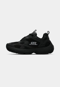 Black athletic sneaker with mesh and synthetic panels, thick sole, pull tabs, laces, and stylized white logo on side, viewed from the left.