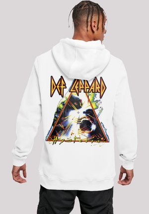 White hoodie featuring a large graphic on the back with a triangular design, depicting colorful artwork and the text "Def Leppard Hysteria."