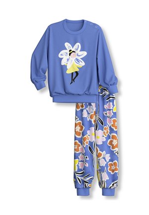 Haut bleu à manches longues pour enfants avec fée et pantalon assorti à imprimé floral avec des fleurs orange, rose, jaune et blanche et des feuilles vertes.