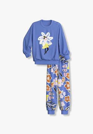 Maglietta azzurra a manica lunga per bambini con fata e pantaloni coordinati con stampa floreale con fiori arancioni, rosa, gialli e bianchi e foglie verdi.