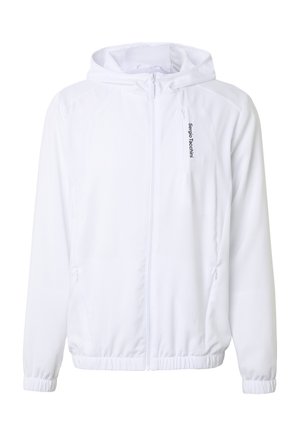 Hvid hættejakke med frontlynlås, elastiske manchetter og kant samt lodret brystlomme med lynlås med "Sergio Tacchini"-mærket.