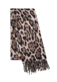 Sciarpa con stampa leopardata in materiale morbido, con tonalità di marrone e nero, e dettagli frangiati lungo i bordi per un tocco di texture in più.