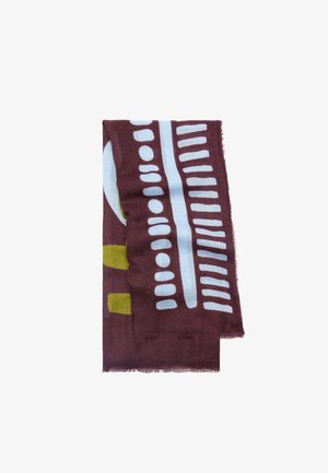 Burgundowa chusta z niebieskimi i oliwkowymi abstrakcyjnymi wzorami oraz kropek i pasków, wykonana z miękkiego, lekkiego materiału.