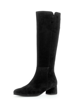 Schwarze Wildlederstiefel bis zum Knie mit runder Zehenpartie und Blockabsatz. Sie zeichnen sich durch eine glatte Textur und ein minimalistisches Design aus.