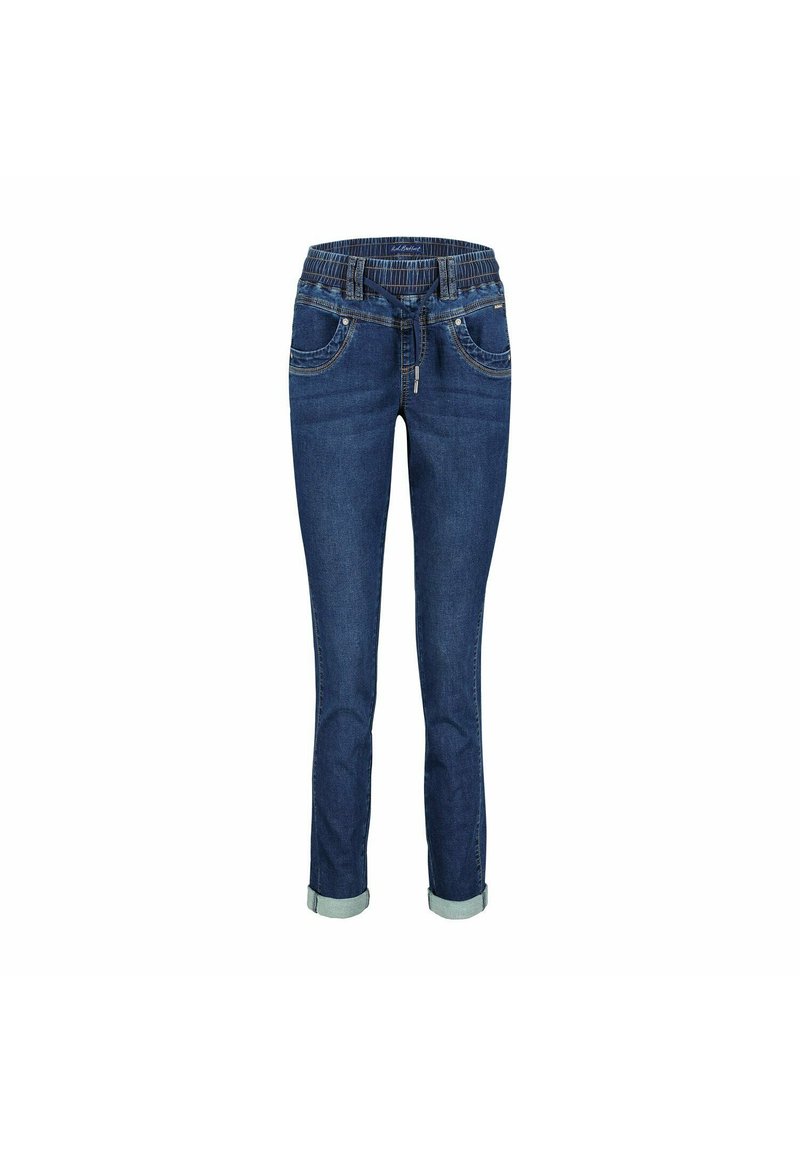 Denim jeans med en mørkeblå vask, elastisk talje, snor i taljen, to forlommer og oprullede ben i anklen.