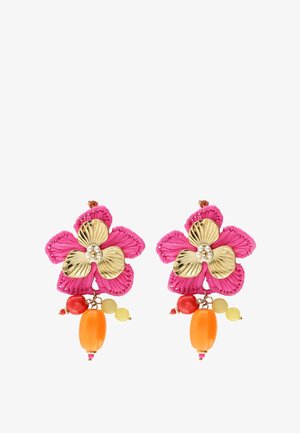 My Jewellery, TROPICAL STATEMENT EARRINGS WITH PINK FLOWER AND BEADS - Oorbellen - goud verguld stainless steel