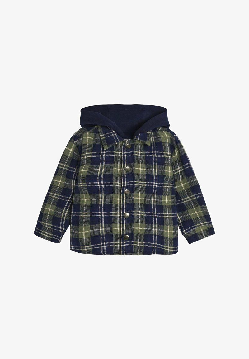 Kockás dzseki tengerészkék kapucnival, sötétzöld és tengerészkék négyzetekkel, ezüst gombokkal és hosszú ujjakkal. Puha, texturált anyagból készült.