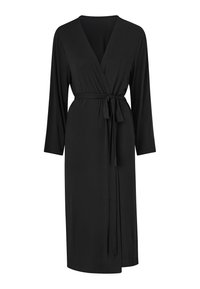 Robe portefeuille noire à manches longues en tissu doux et fluide. Présente un décolleté en V, une ceinture à nouer à la taille et une longueur au genou.