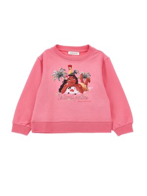 Sudadera rosa de manga larga con gráficos de Moana, Pua y Hei Hei, palmeras y texto "Island palms" en el frente.
