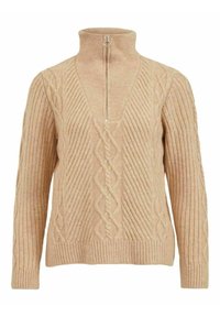 Maglione in maglia beige con colletto alto, caratterizzato da una texture a coste e un motivo a treccia. Dettaglio con zip al collo. Maniche lunghe.