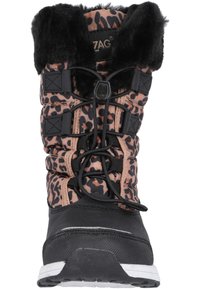 Bottes d'hiver à imprimé léopard noir et marron avec col en fausse fourrure, design à lacets et semelle en caoutchouc texturée, présentant un tige rembourrée pour l'isolation.