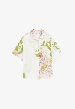 Camisa blanca de manga corta con botones y gran estampado floral en colores verde, beige y oxido, con cuello clásico.