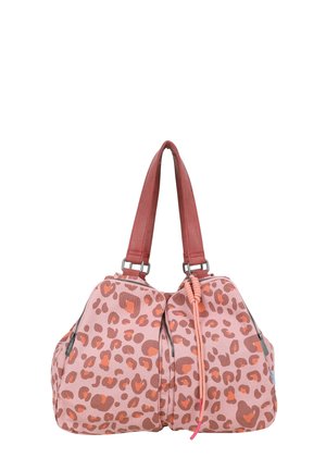 Bolso de tela rosa con estampado de leopardo naranja y marrón, dos compartimentos con cremallera y asas rosas a juego.