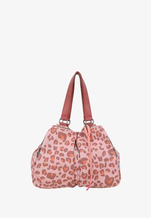 Sac à main en tissu rose avec imprimé léopard orange et marron, deux compartiments zippés et poignées roses assorties.