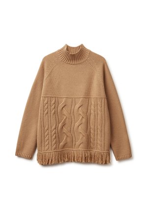 Sweter warkoczowy w kolorze beżowym, z wysokim prążkowanym kołnierzem i frędzlami na dole, z teksturowanymi wzorami na całej powierzchni.