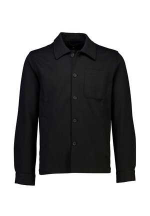 Veste noire en tissu lisse, avec un col pointu, des manches longues, une fermeture à boutons sur le devant et une poche poitrine unique.