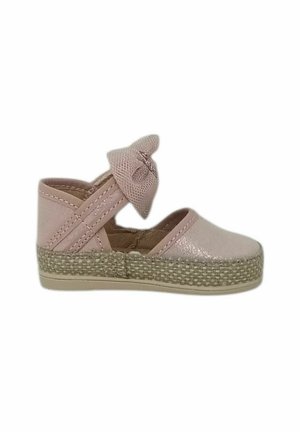 Espadrilla a zeppa per ragazze rosa chiaro, punta chiusa, con cinturino alla caviglia e fiocco decorativo, suola intermedia in juta intrecciata e suola esterna in gomma.