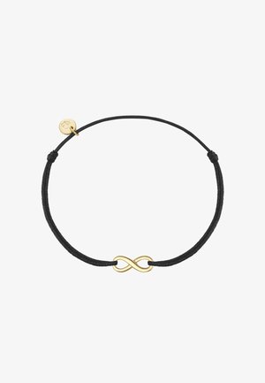 Črna nastavljiva vrvica za zapestje z zlatim simbolom neskončnosti v središču in majhnim okroglim zlatim amuletom blizu vozla.