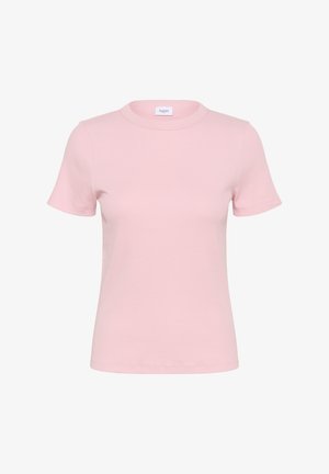 Roza kratka majica s kratkimi rokavi, izdelana iz rebrastega blaga. Ima okroglo ovratnico in prilega se obliki telesa. Oznaka je vidna na ovratniku.