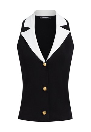 Gilet noir sans manches avec de larges revers blancs et trois boutons dorés sur le devant, étiqueté Karl Lagerfeld à l'intérieur du col.